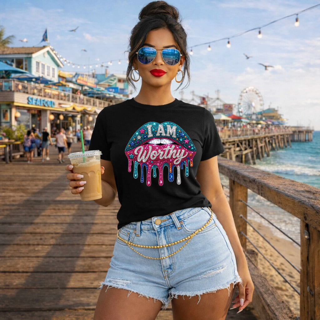 I Am Worthy Glitter Drip T-Shirt — Inspirational Self-Love Graphic Tee