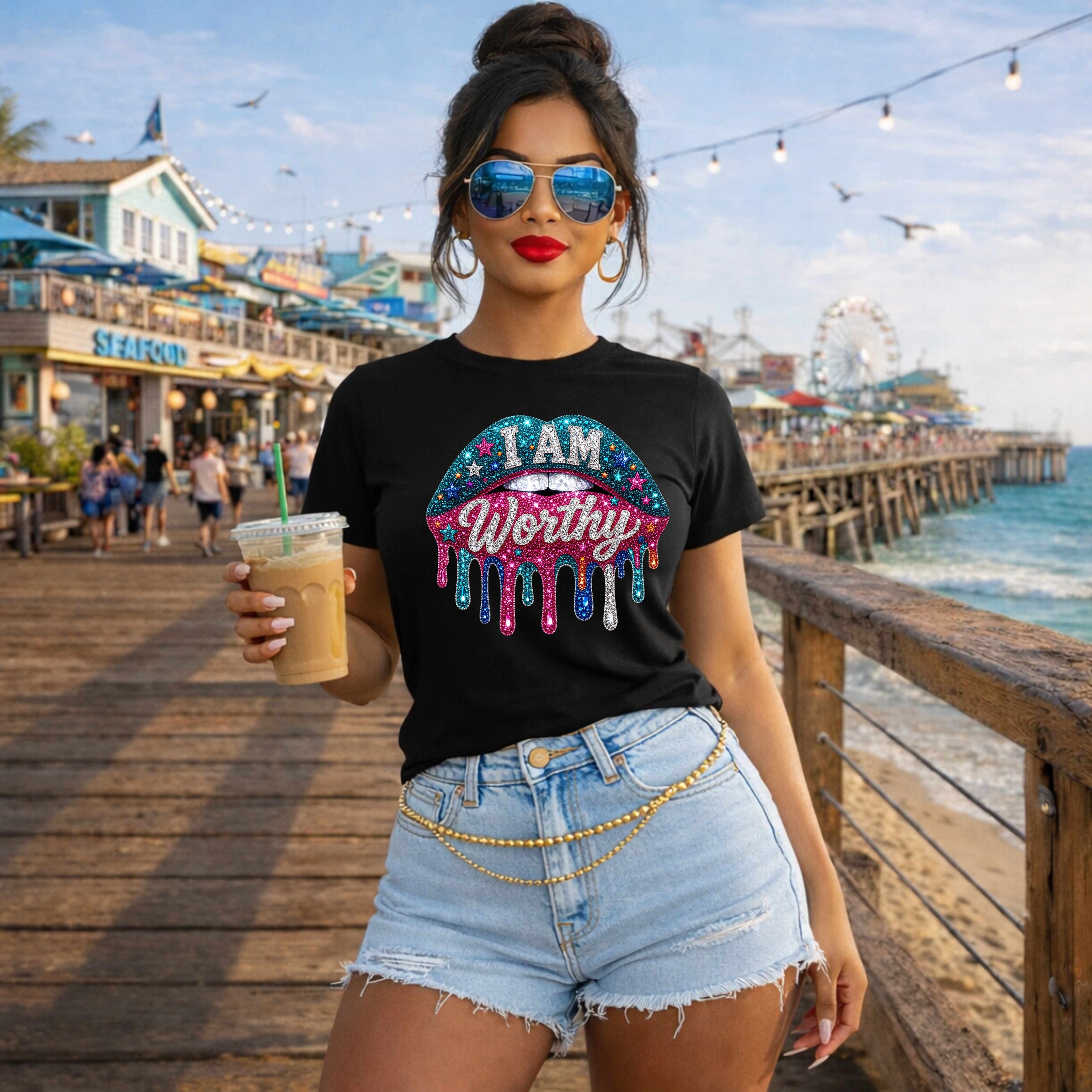 I Am Worthy Glitter Drip T-Shirt — Inspirational Self-Love Graphic Tee