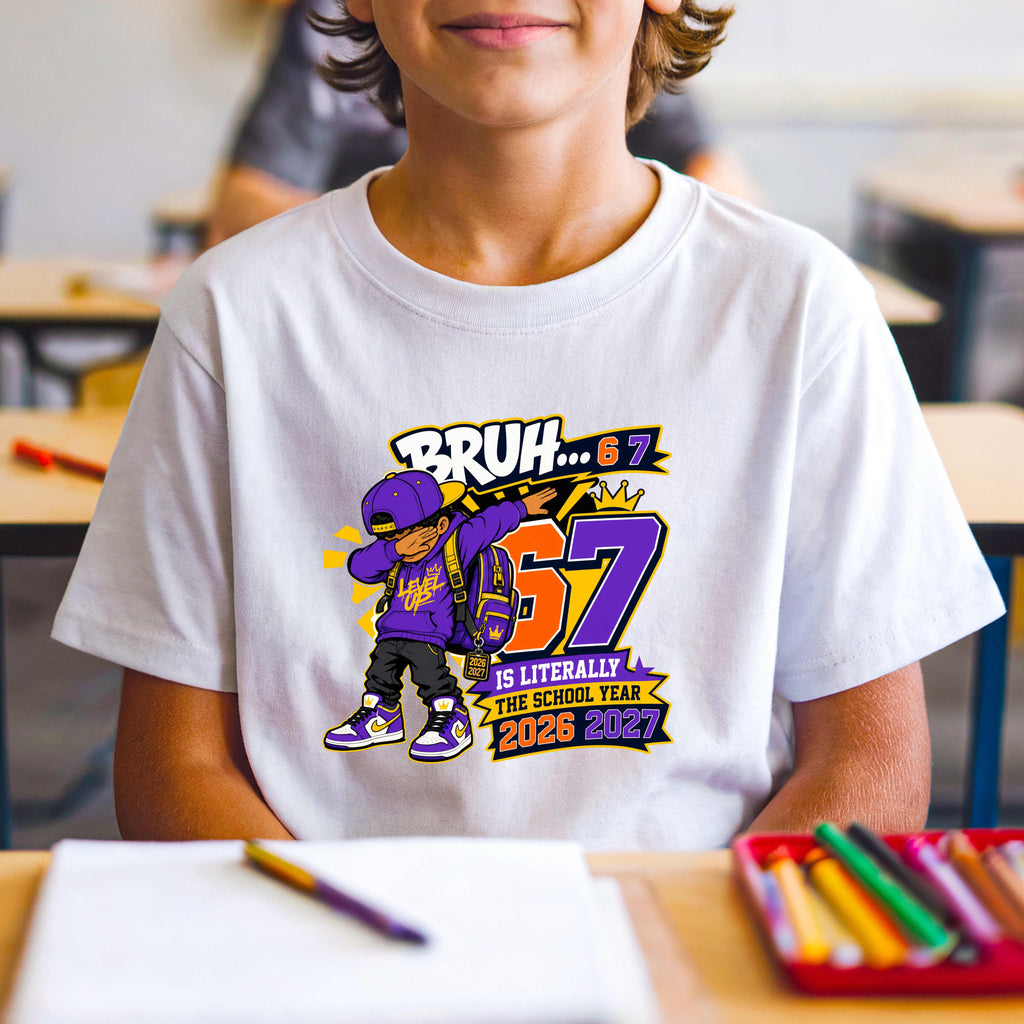 Back To school Toddler Tee – 'Bruh 57' Cool Kid Graphic Shirt (Purple & Gold)