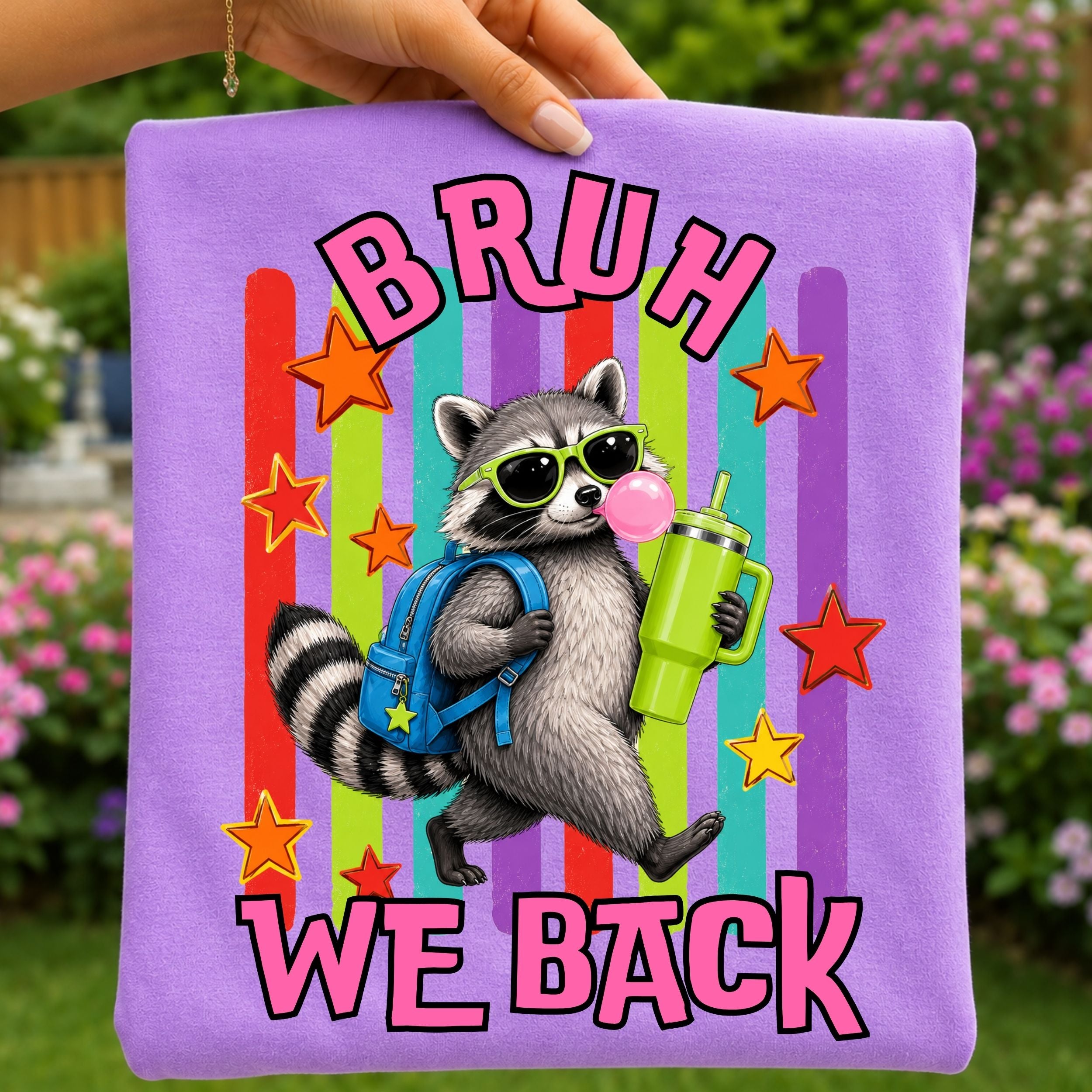 Youth Tee — Colorful 'Bruh We Back' Raccoon Graphic