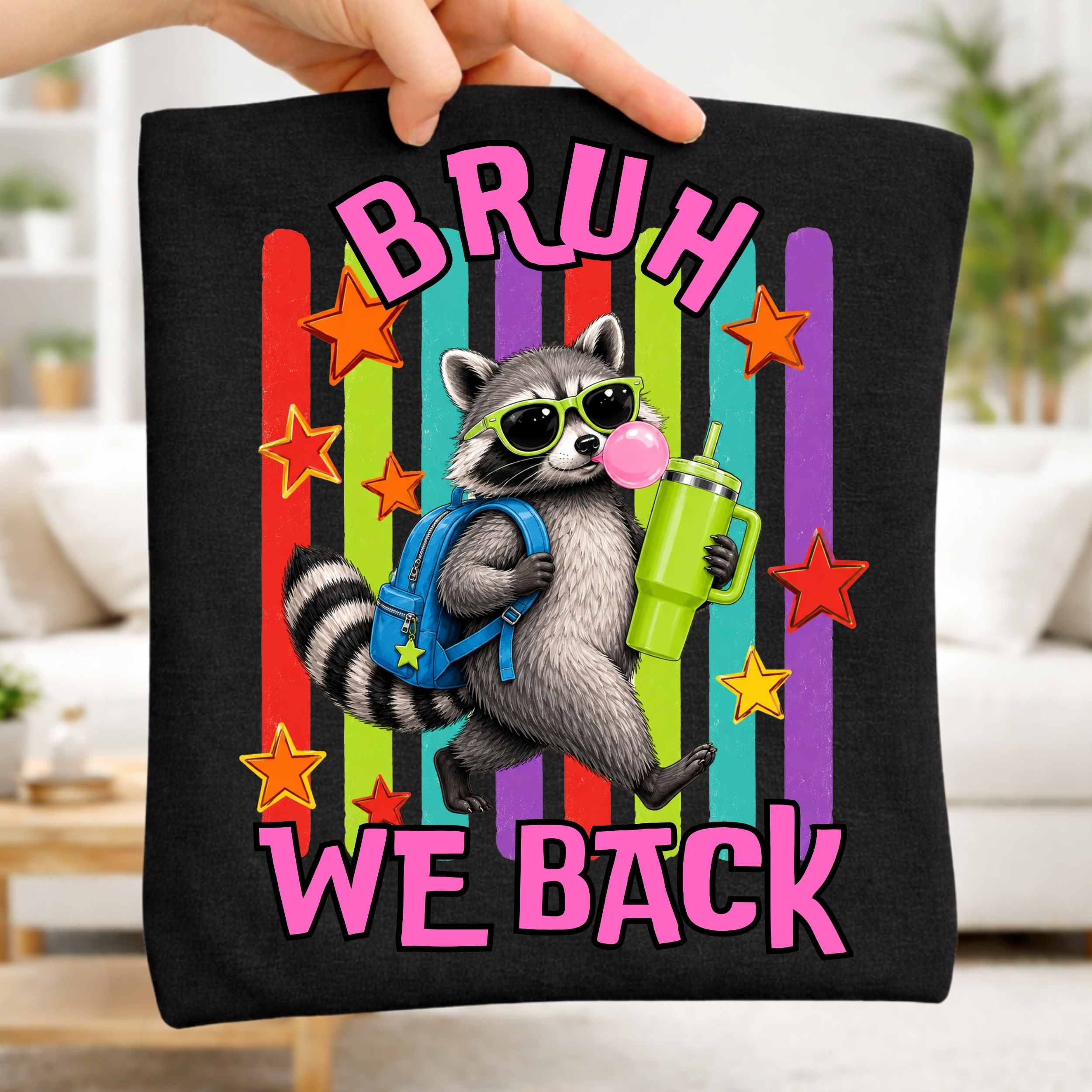 Youth Tee — Colorful 'Bruh We Back' Raccoon Graphic