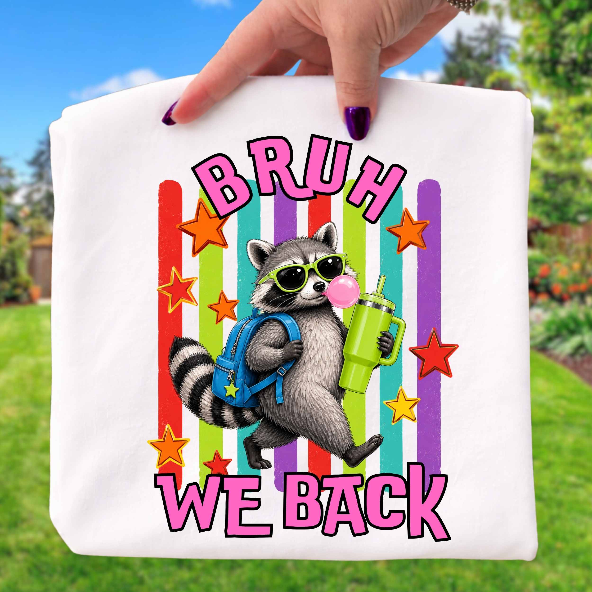 Youth Tee — Colorful 'Bruh We Back' Raccoon Graphic