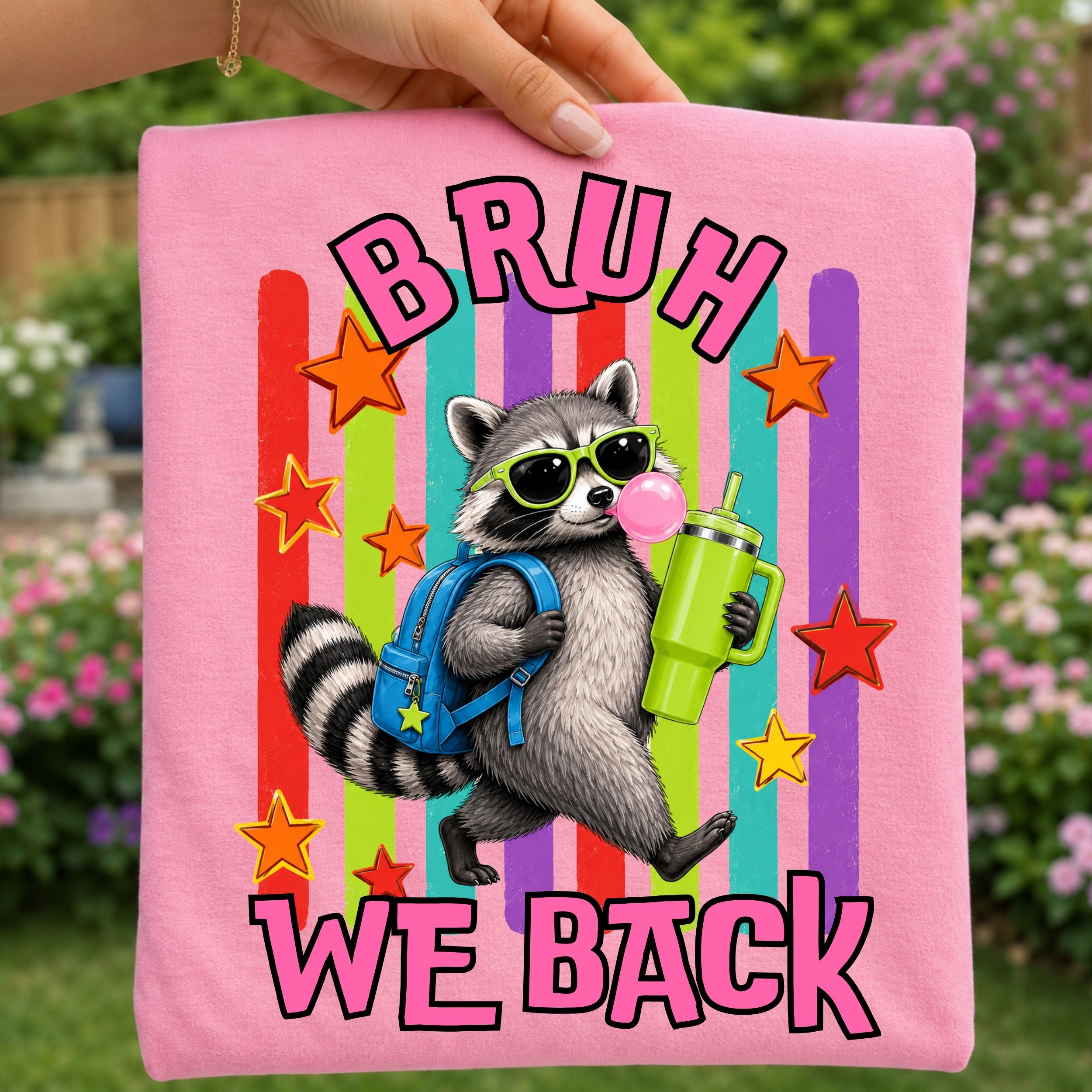 Youth Tee — Colorful 'Bruh We Back' Raccoon Graphic
