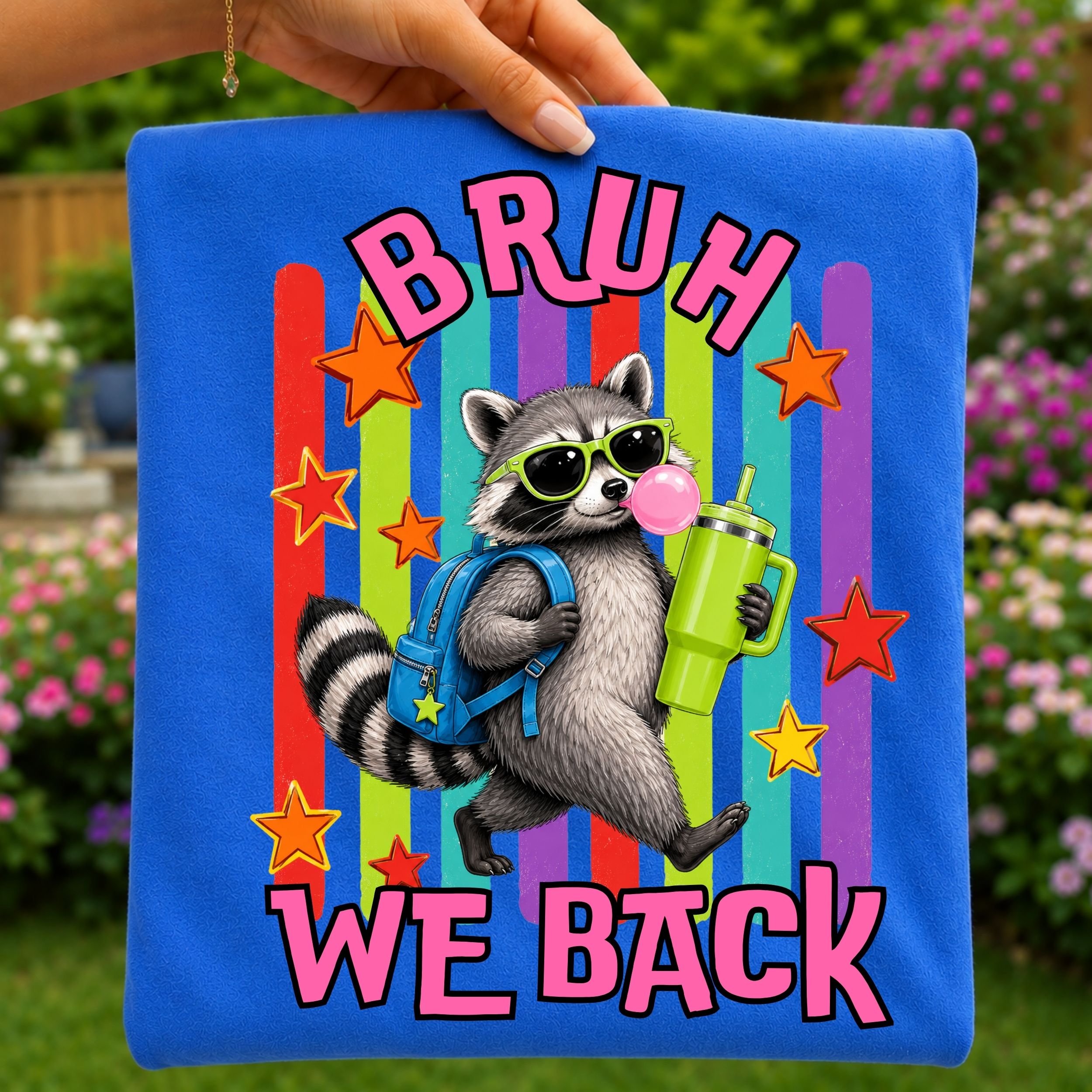 Youth Tee — Colorful 'Bruh We Back' Raccoon Graphic