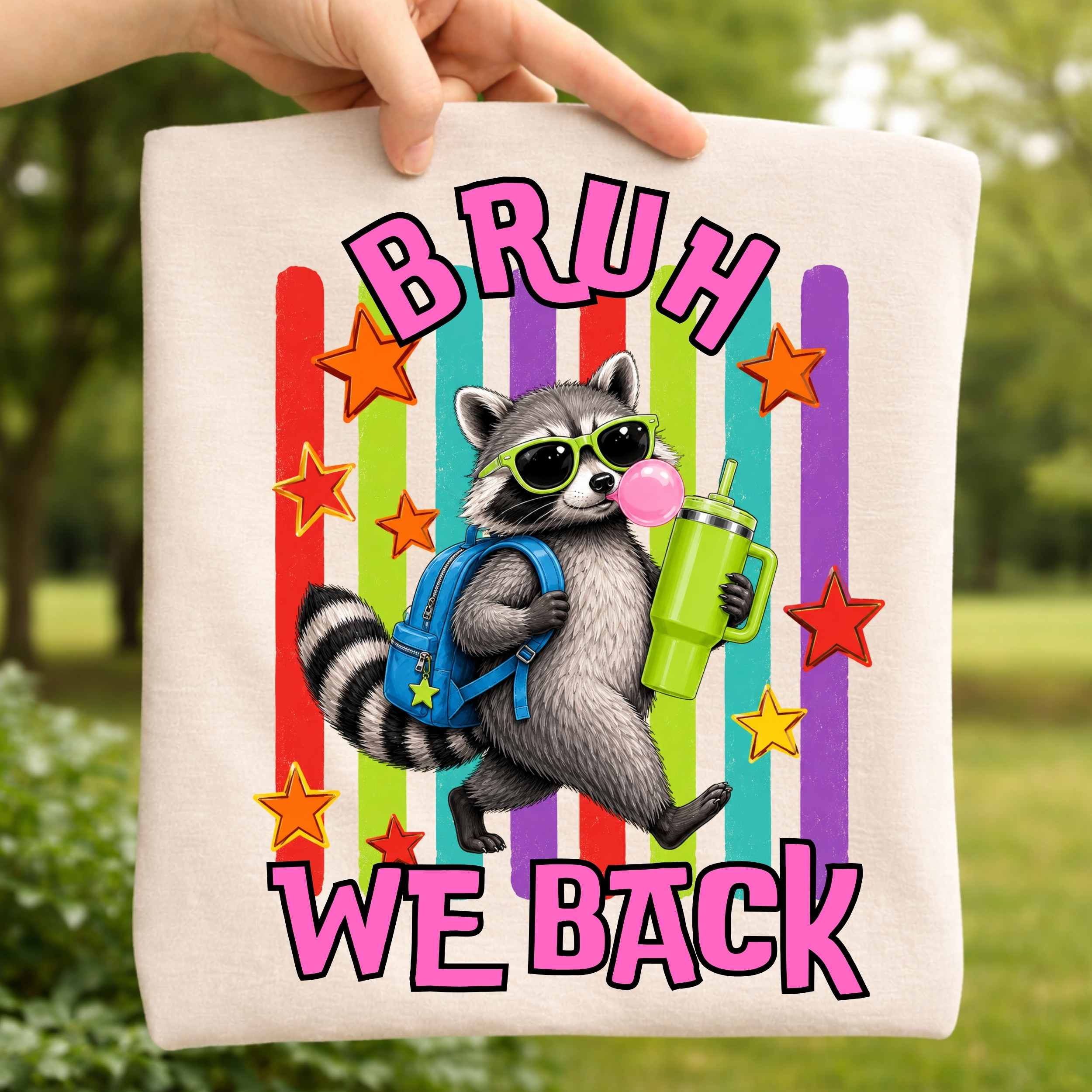 Youth Tee — Colorful 'Bruh We Back' Raccoon Graphic